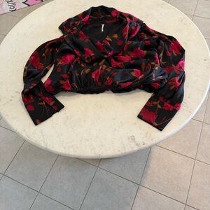 Free People Black and Red Floral Wrap Blouse
